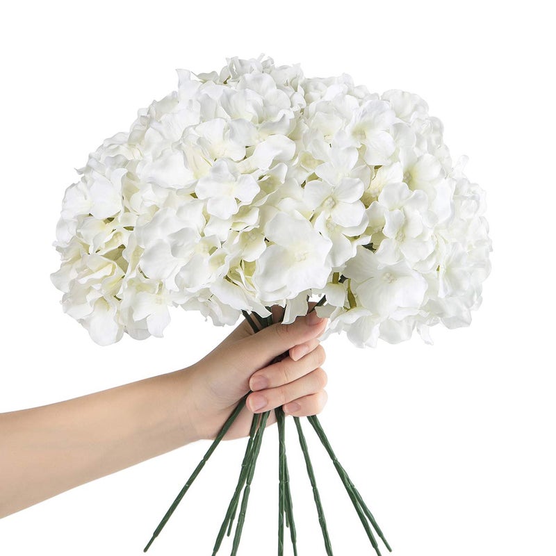 Exoment Silk Hydrangea Heads with Stems,White Artificial Flower Heads DIY Wedding Centerpiece Home Party Baby Shower Decor (10, White) - Image 2